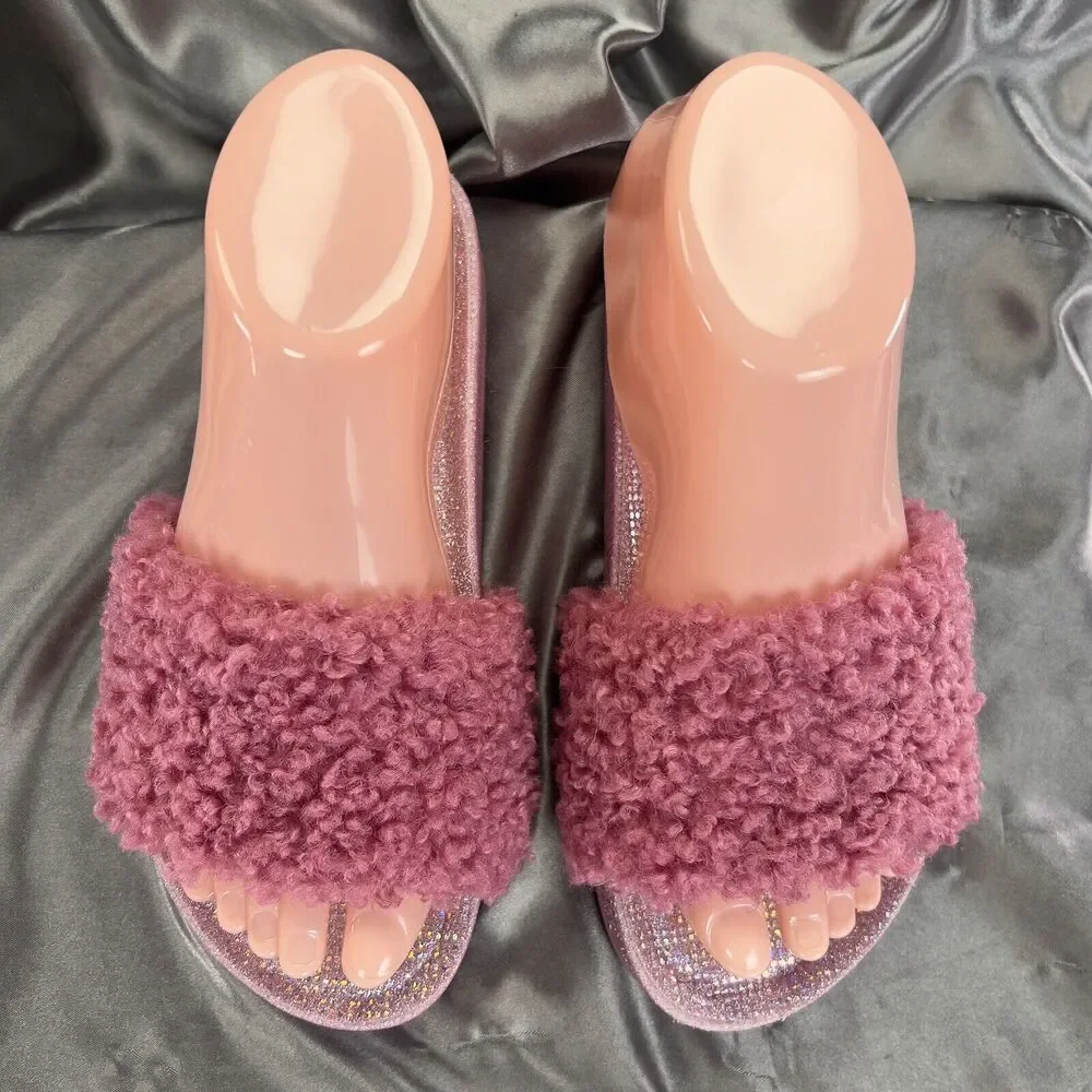 Steve Madden Girls‎ Size 4 Slides Pink Fuzzy Sandals Glitter Sparkles Hearts